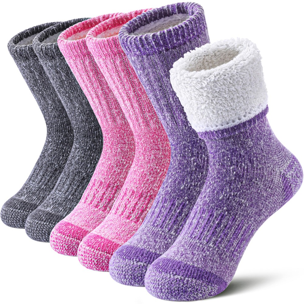 LINEMIN Kids Merino Wool Hiking Socks Boys Girls 8-12 Years, Purple/Pink/Gray