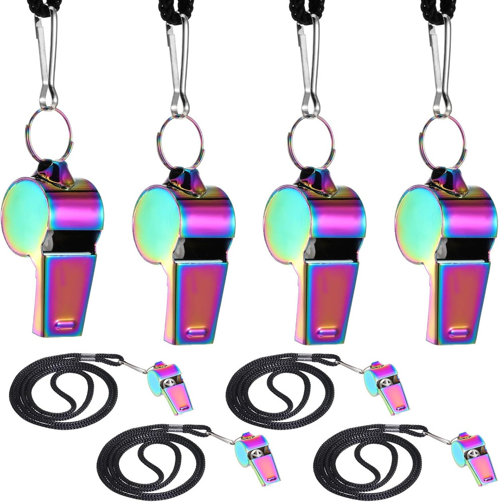 Coach Whistle with Lanyard, Colorful Stainless Steel, Loud 128dB, 4 Pack for