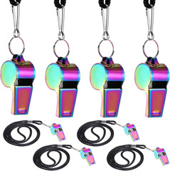 Coach Whistle with Lanyard, Colorful Stainless Steel, Loud 128dB, 4 Pack for