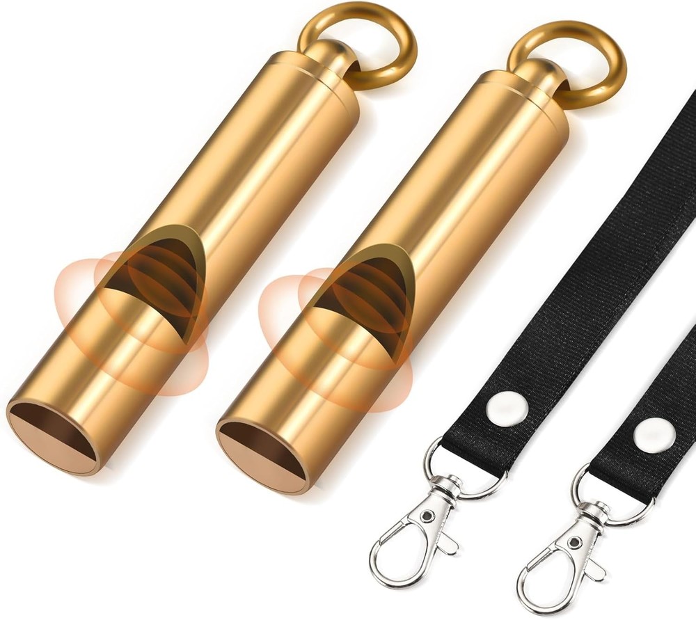 Brass Emergency Whistles 2 Pack with Tangle-Free Lanyard – Pealess Safety Whistl