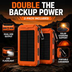 2 Pack 20000mAh Solar Power Bank Dual USB Fast Charger LED Torch Camping Orange