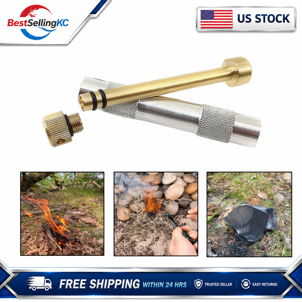 Silver Fire Piston Fire Starter Brass Fire Rod Camping Survival Tool