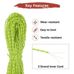 1PCS 2 mm 98FT Reflective Guyline Camping Paracord 3 Strands, Fluorescent Green