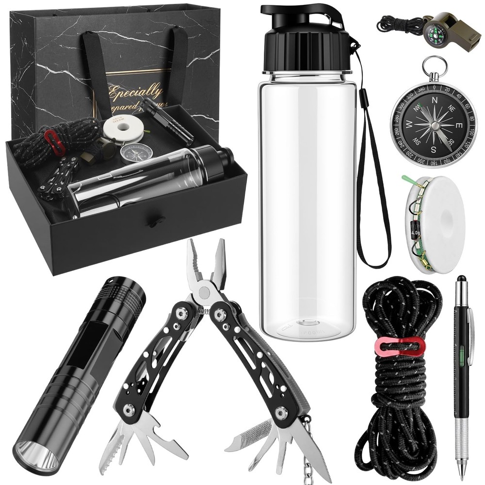 9 Pcs Father Gifts Basket for Men Survival Kit, Birthday Gift Box, Outdoor Em…