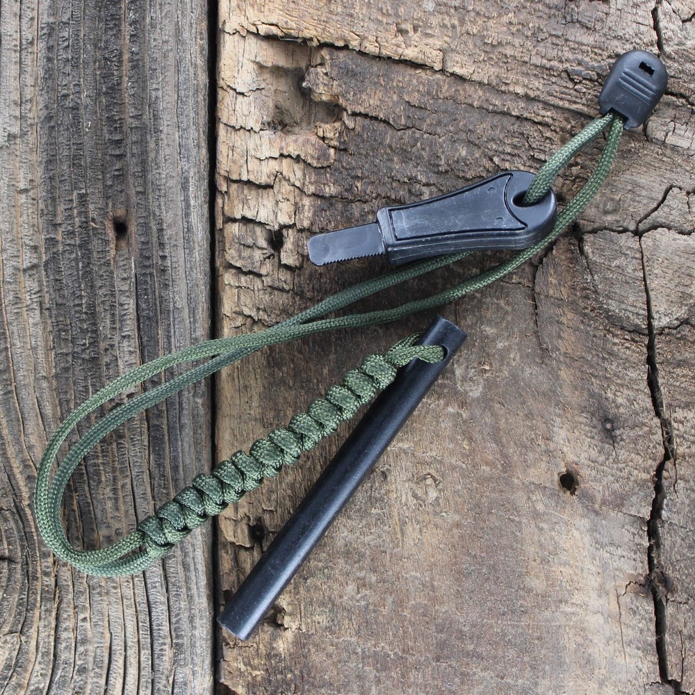 SlicKnives Ferro Rod – Medium 4″ x 3/8″ w/ OD Green Paracord Lanyard and Striker