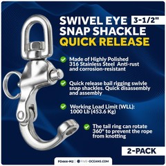 Five Oceans 3-1/2″ Pin Release Snap Shackle with Swivel Eye, AISI316 Stainles…