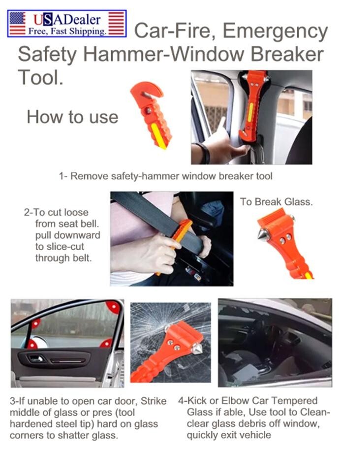Lot of Two Car-Fire-Safety Emergency Hammer Window Breaker Seat Belt Cutter Tool