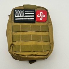 Tactical MOLLE Medical Pouch IFAK Utility Bag Tan Empty w/ Strap Patch USA Flag