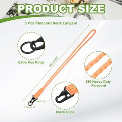 Paracord Lanyard, 550 Heavy Duty Keychain Lanyard (3 Pack, Luminous Orange)