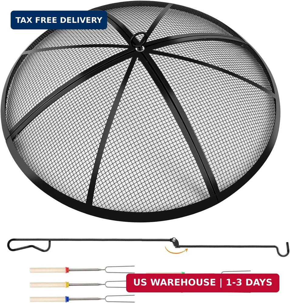 Fire Pit Spark Screen, Outdoor 36 Inch Round Fire Pit Screen with Foldable Hook