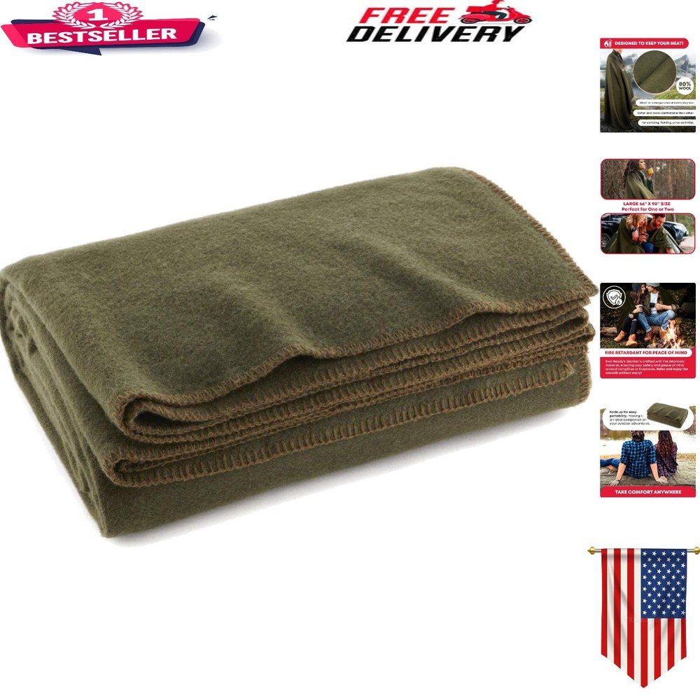 Durable Olive Green Wool Blanket 66″ x 90″ – Perfect Emergency & Camping Gear