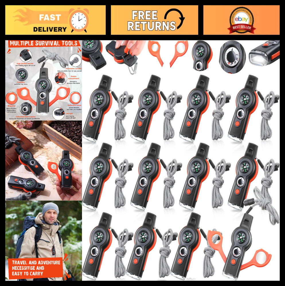 12 Pack Emergency Survival Whistle with Compass & Lanyard – Outdoor Safety Tool