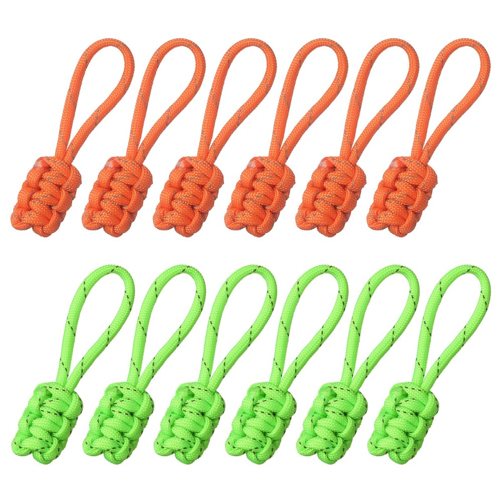 12Pcs Reflective Paracord Zipper Pull, 85 mm Length&Orange&Shiny Green