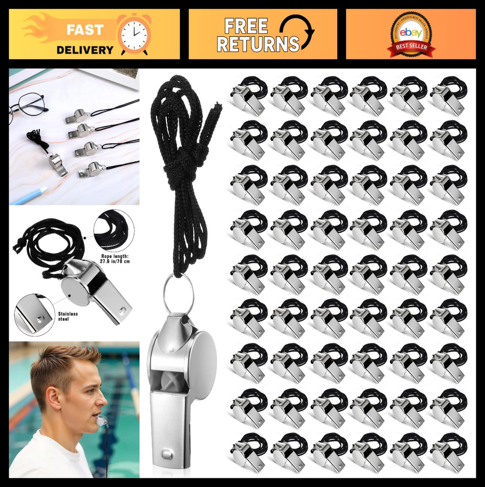 100 Pcs Stainless Steel Whistles with Lanyard – Loud Metal Coach Referee Set
