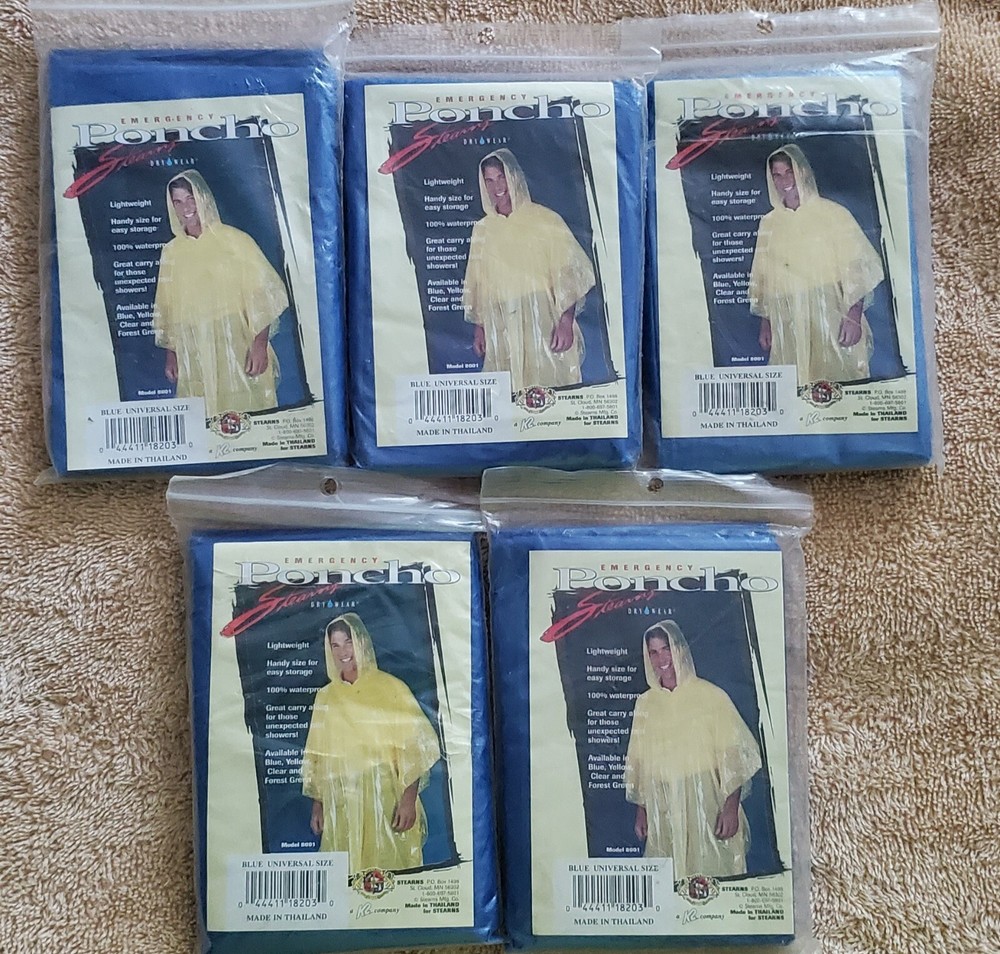 Stearns Emergency Poncho Lot of 5 Waterproof New in Pack Blue