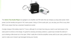 Radio Activetrax Solar Power Audi Player FM / AM Crank Power WEATHER BAND RADIO
