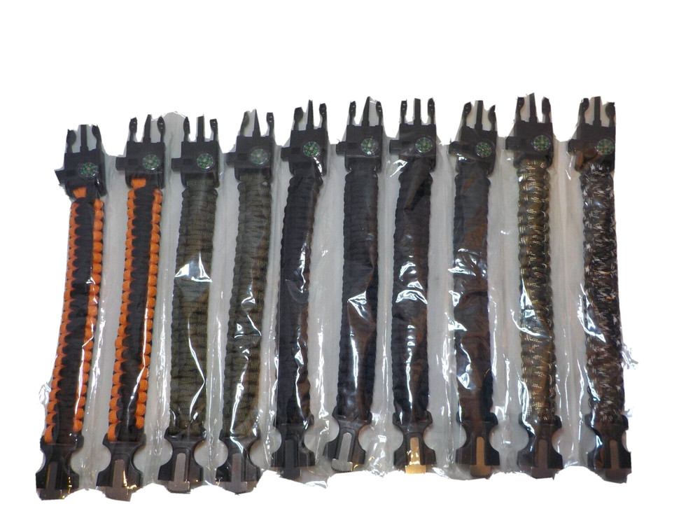 Resaler lot of 10 7 in 1 Paracord Survival Bracelet w Compass & Whistle Bracelet