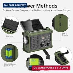 Solar Radio Emergency Hand Crank 12000mAh with Clear Signal, AM FM NOAA Weather