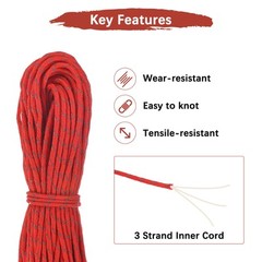 2PCS 2 mm 66FT Reflective Guyline Camping Paracord 3 Strands, Red, Orange