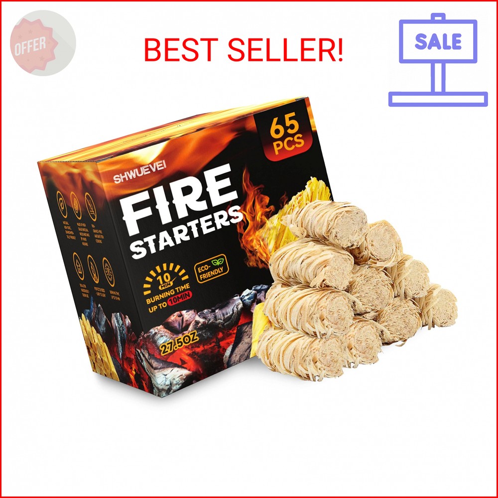 Shwuevei 65 pcs Fire Starter – Natural Fire Starters for Fireplace, Pellet Stove