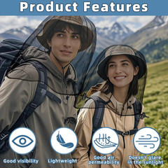 2 Pack Mosquito Head Nets with Drawstring Universal Fit for Hats Bug Net