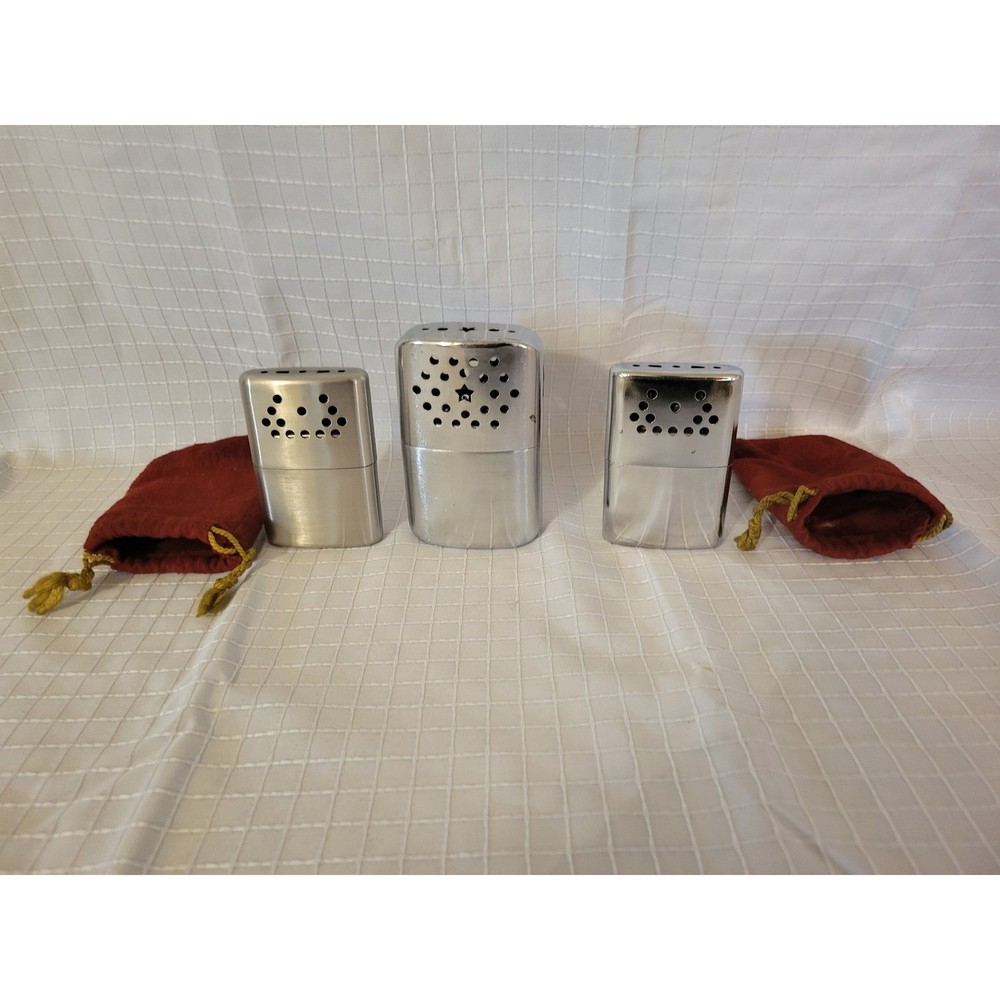 Vintage Catalytic Hand Warmer Set 3pc Metal Reusable Heaters with Red Pouches