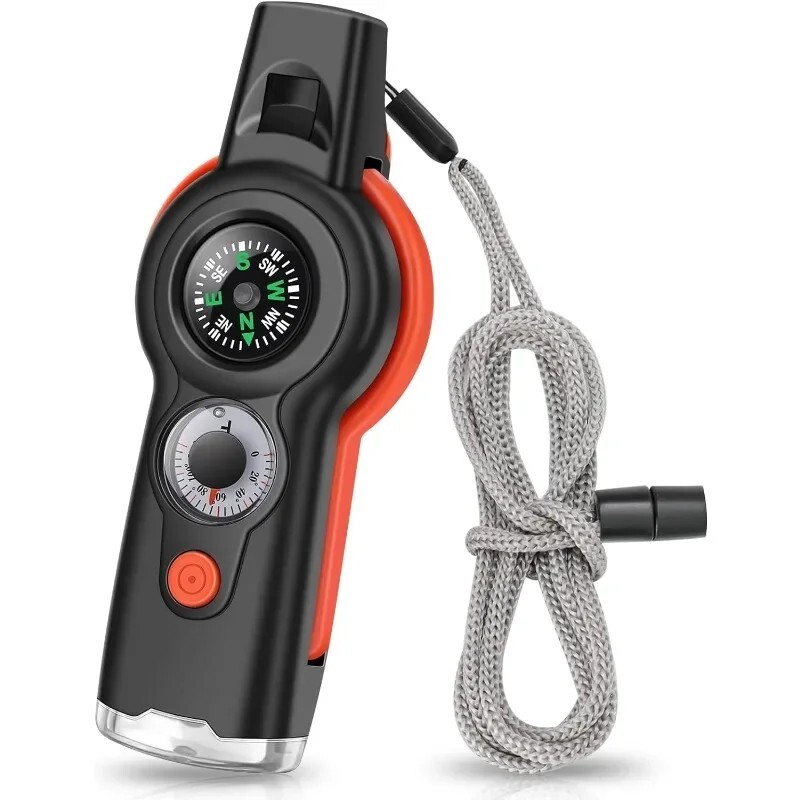 7-in-1 Survival Whistle–Emergency Outdoor Safety Tool w Compass, Light & Lanyard
