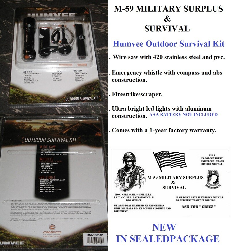 HUMVEE Brand Outdoor Survival Kit LED light whistle wire saw fire starter + more