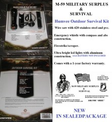 HUMVEE Brand Outdoor Survival Kit LED light whistle wire saw fire starter + more