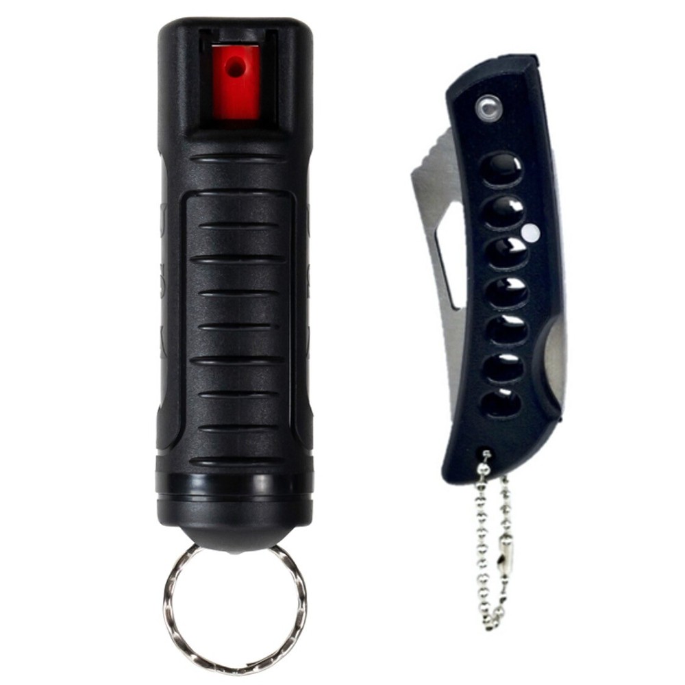 POLICE MAGNUM Pepper Spray Combo Pack 1/2oz Black Molded Pocket Knife Security