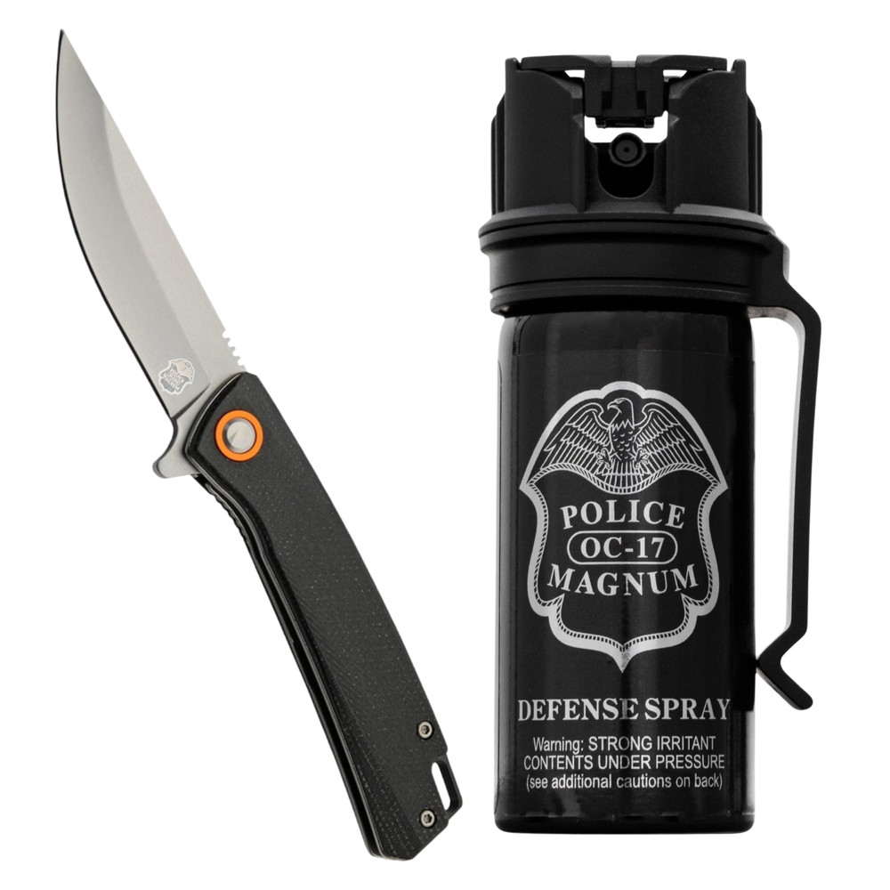 Police Magnum pepper spray flip top belt clip stream 2oz & Black D2 steel knife