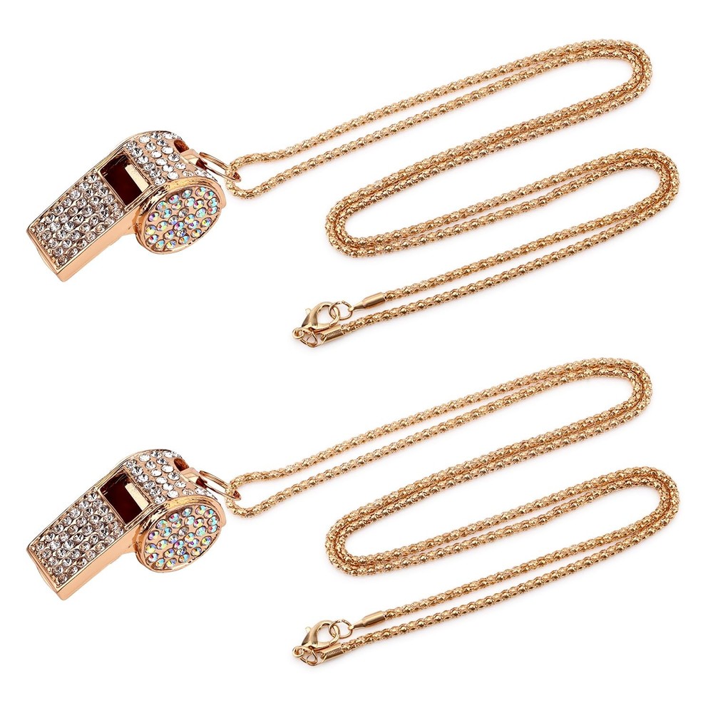2Pcs Bling Whistle Necklace Crystal Rhinestone Loud Metal Whistle with Chain
