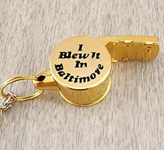 VINTAGE I BLEW IT IN BALTIMORE GOLD-TONE METAL WHISTLE & CHAIN MADE IN HONG KONG