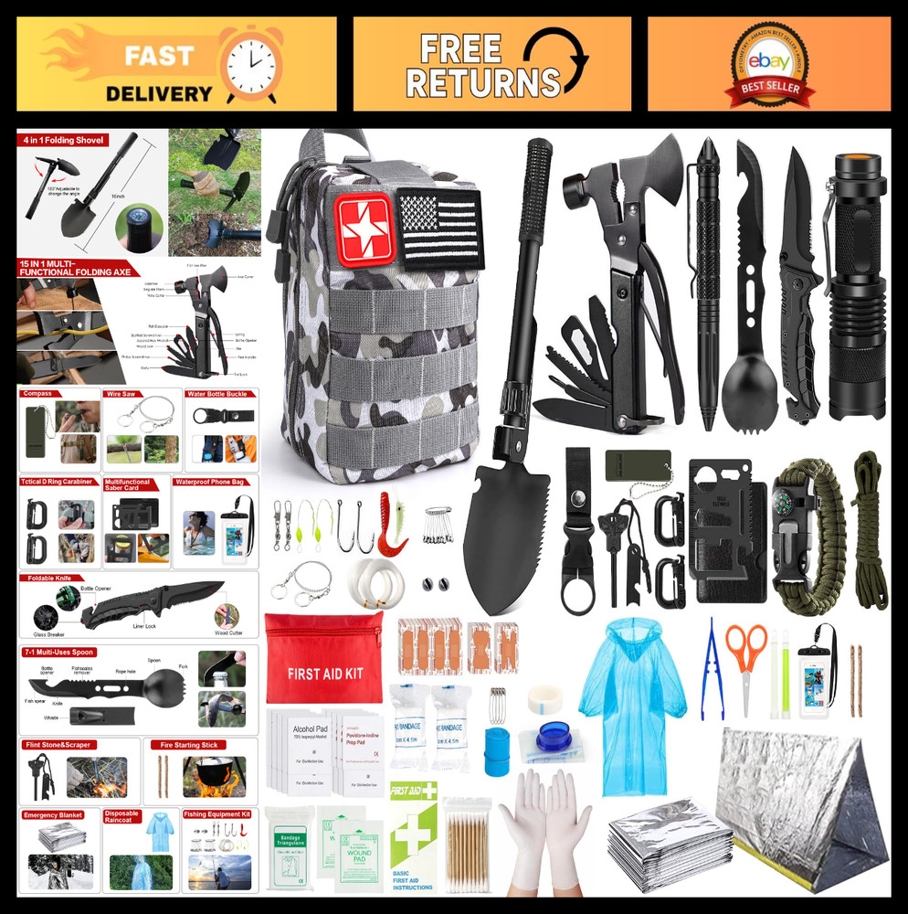 251 Pcs Survival Gear Kit with Molle Bag & Emergency Tent for Hiking, Camping, E