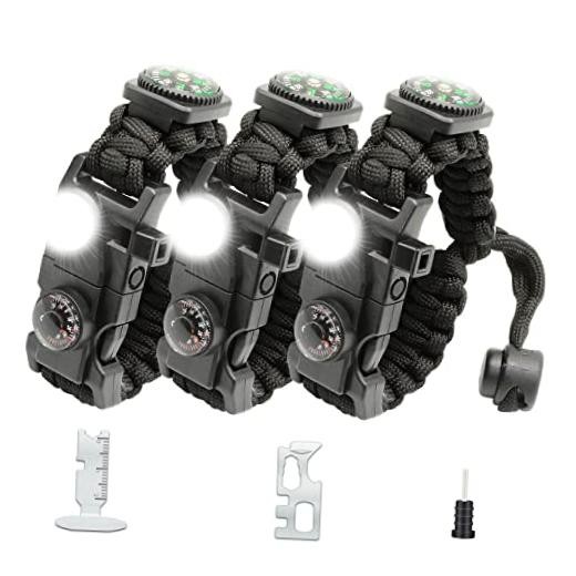 20 in 1 Survival Paracord Bracelet Adjustable Gear Kit with SOS LED Black 3PCS