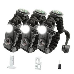 20 in 1 Survival Paracord Bracelet Adjustable Gear Kit with SOS LED Black 3PCS