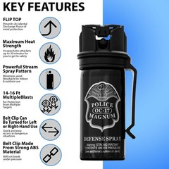 4 POLICE MAGNUM Pepper Spray 2oz Stream Flip Top Belt Clip Self Defense Security