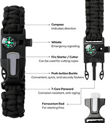 Survival Bracelet Five Functions Fire Starter Compass Whistle Rope Cutter