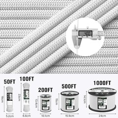 Paracord Rope 750 lb – 5/32″ Parachute Cord 4MM 12-Strand para Cord 200ft White