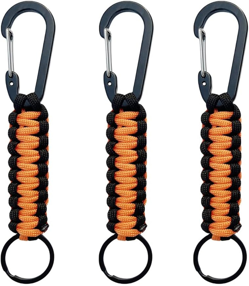 3 Pack Carabiners with Paracord Strap – Black Metal Key Ring Keychain Hook – D-L