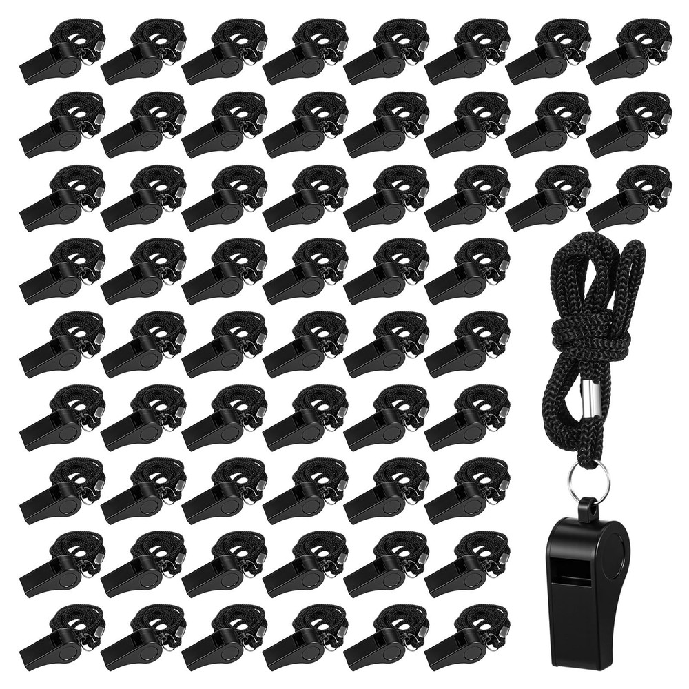 60 Pcs Black Plastic Sports Whistles with Lanyards, Loud Referee Whistles Bul…