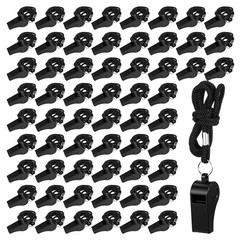 60 Pcs Black Plastic Sports Whistles with Lanyards, Loud Referee Whistles Bul…