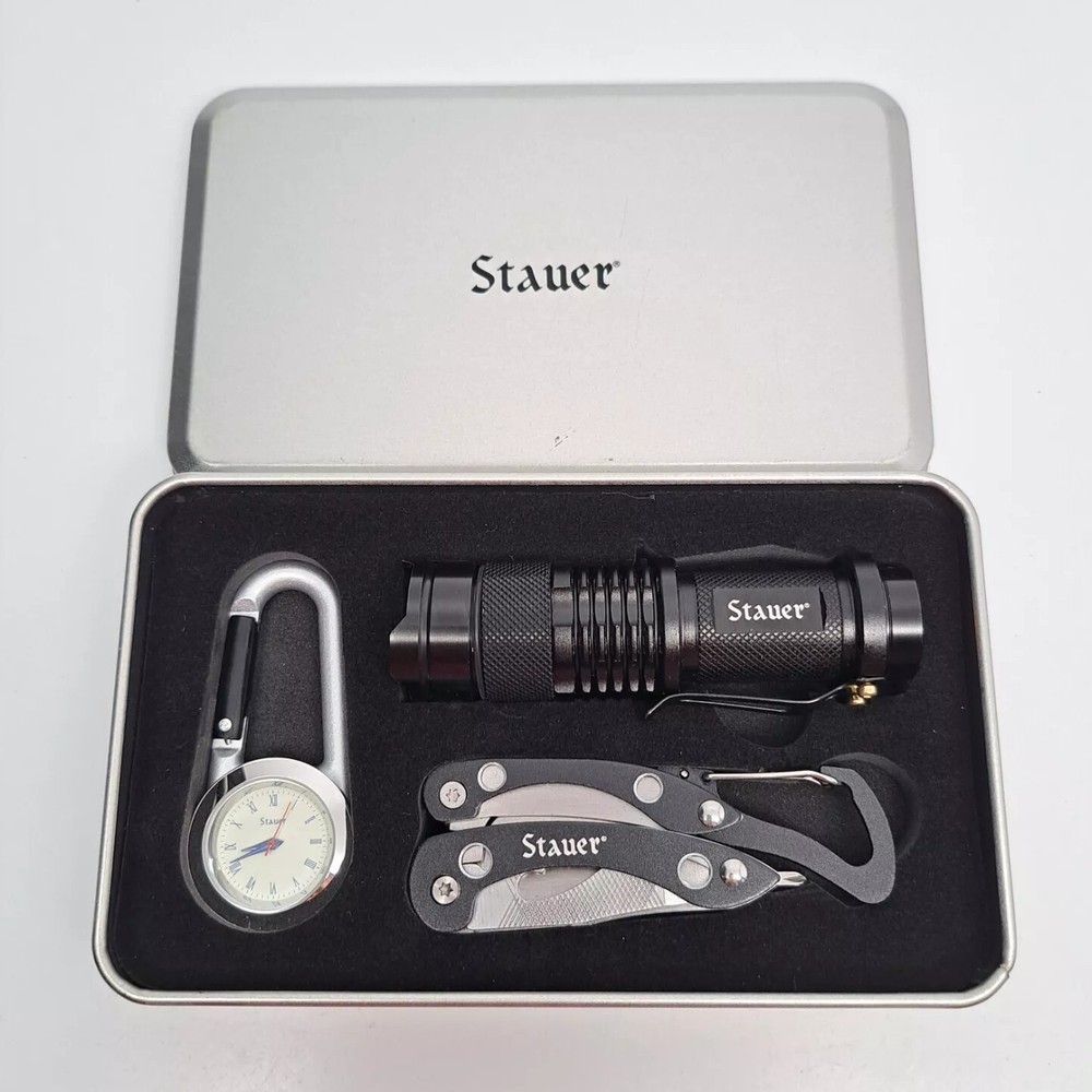 Stauer Survival Box Kit in Original Stainless Steel Box Flaslight Watch Tool