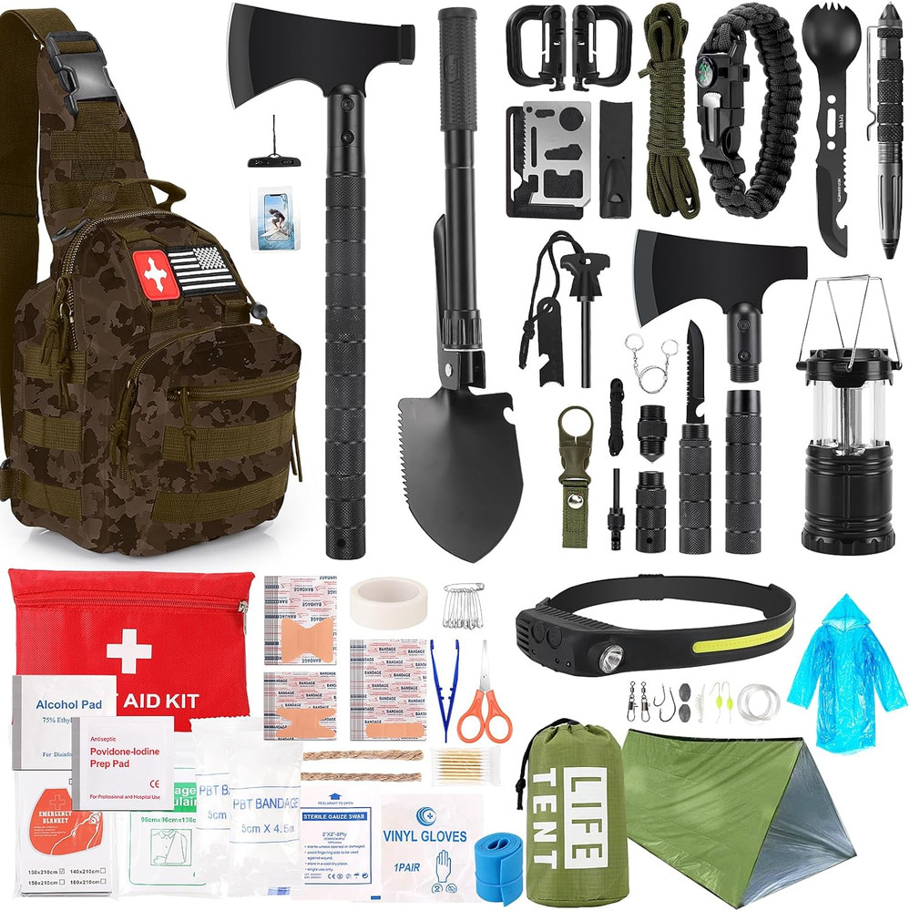 268-Pcs Survival Kit with First Aid, Axe & Headlamp – Perfect Gift for Dads