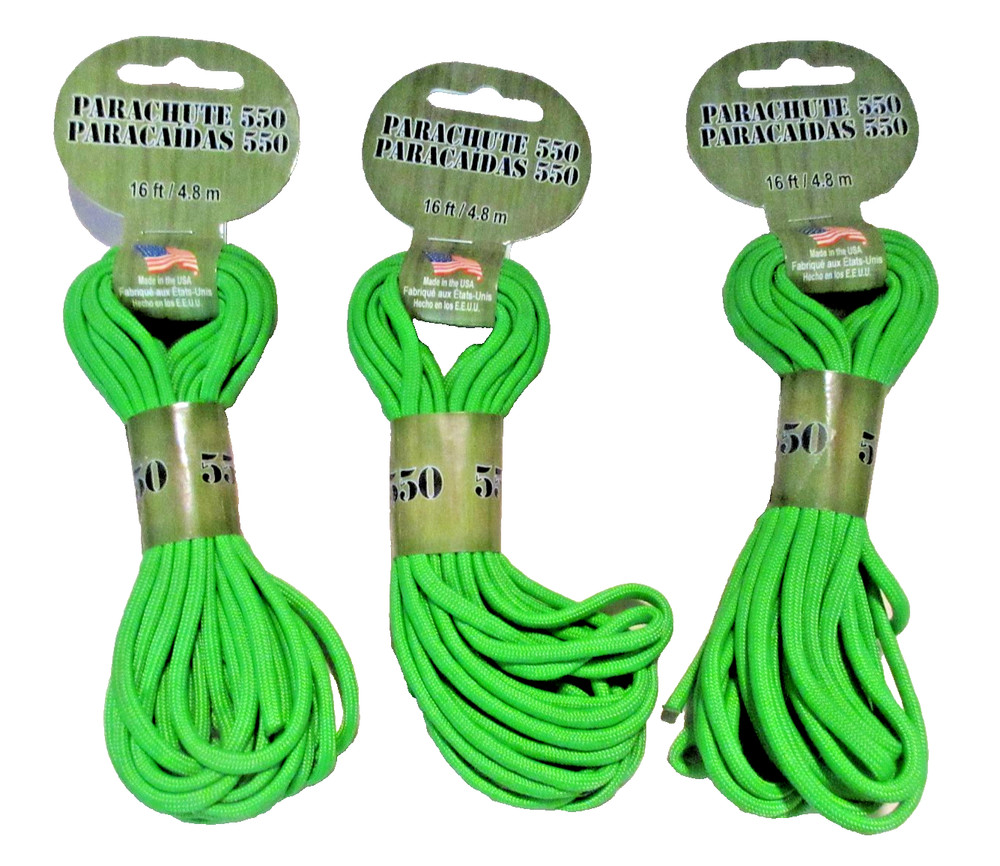 NWT~LOT 3 NEON GREEN PARACHUTE 550 16f./4.80m~CORD-Camping+Crafts-NO Climbing!