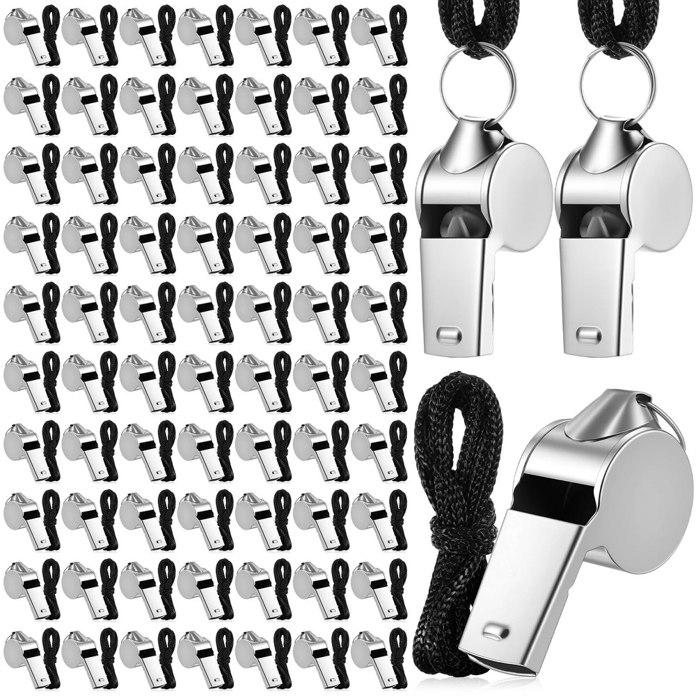 simarro 100 Pcs Stainless Steel Whistle with Lanyard, Silver Professional Loud M