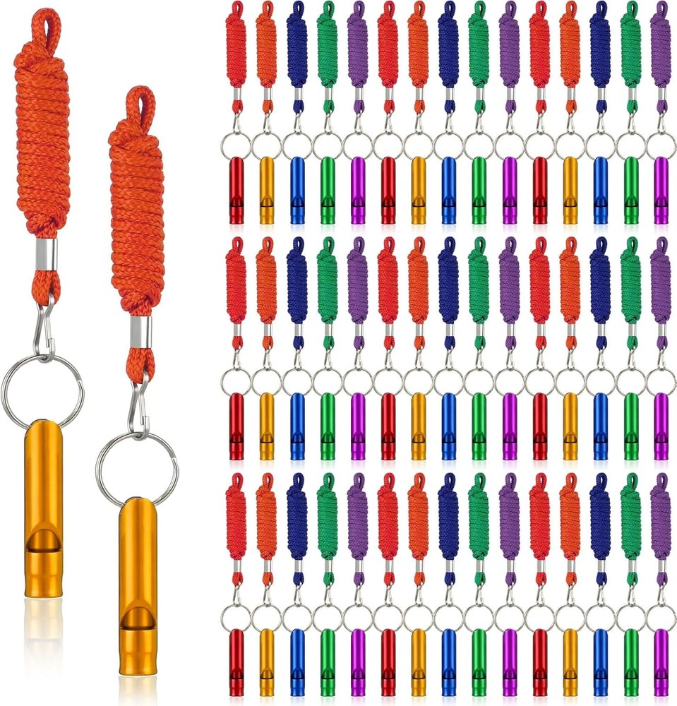 50Pcs Emergency Whistles W/ Lanyard Aluminum Extra Loud Survival Safety