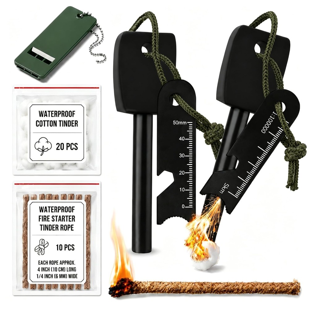 33-Piece Fire Starter Survival Tool with 2 Ferro Rods 6-in-1 Striker