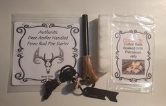 Authentic Deer Antler Handled Ferro Rod Fire Starter Petroleum Balls & Free Gift