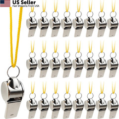 ROYHOO 24PCS Stainless Steel Sports Whistles with Lanyard, Loud Crisp Silver